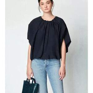 DÉ MOO NWT Lair Shirring Top Round Neck Size 38 Relaxed Fit Short Sleeve Blue